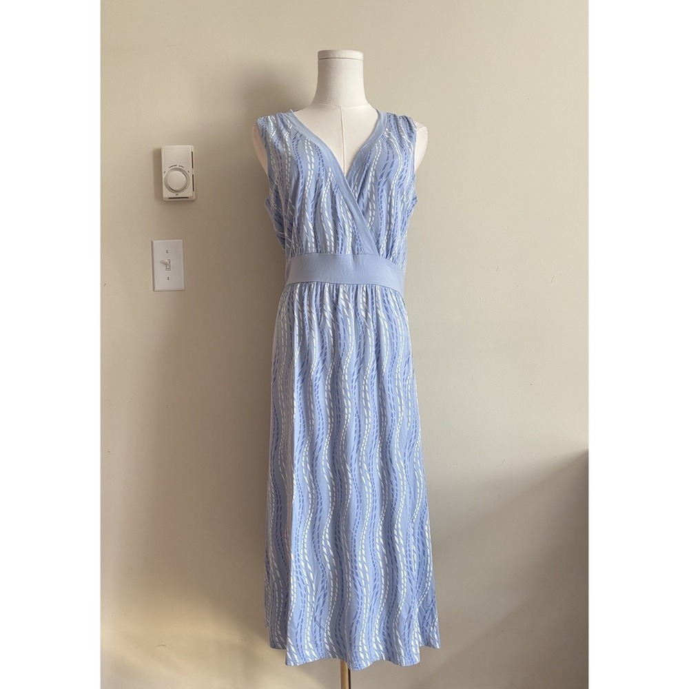 LL Bean Large Dress Sleeveless V Neck Geometric Blue Beach Coastal Stretch Rayon